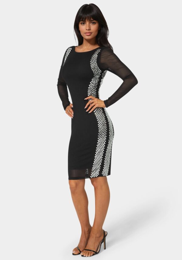 bebe1280_black-silver_2_8573dd8e-1eeb-42f6-8dc3-f27070cb7df7 BodyCon Embellished Knee Length Dress