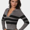 bebe1603_charcoal-black_4_d24c1697-7580-401a-9bfc-7f40b7e87b93 Long Sleeve Collared Striped Knit Dress